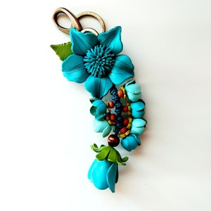 Keychain Genuine Leather Flower Blue Keyring Charm Purse Handbag Beautiful, Handbag Zipper Charm Accessories