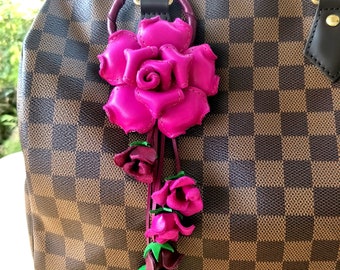Genuine Leather Flower Keyring yellow Women Hook Handcraft Bag Purse Handbag Zipper Charm Accessories Floral Hook Real Leather Purse Charm