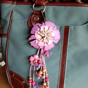 Peony Genuine Leather Flower Lavenda Color Keychain Bag Charm, Peony Floral Hook Real Leather Purse Charm, Handbag Zipper Charm Accessories