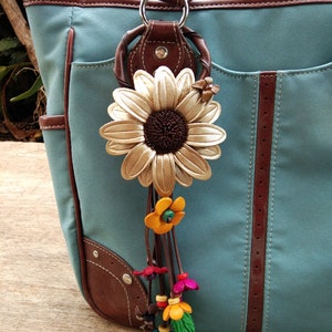 Sunflower Flower Gold Keychain Leather Genuine Bag Charm, Floral Hook Real Leather Purse Charm, Handbag Zipper Charm Accessories