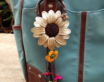 Sunflower Flower Gold Keychain Leather Genuine Bag Charm, Floral Hook Real Leather Purse Charm, Handbag Zipper Charm Accessories