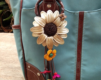 Sunflower Leather Bag Charm, Floral Keychain, Handmade Purse Accessory