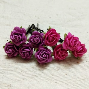 Rose Hair Flower Paper Clip Tone Purple & Pink, Bridesmaid Hair Accessories, Paper Flower Hair Clips, wedding rose hair grips accessories