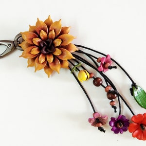 Genuine Leather Flower Yellow Keychain Bag Charm, Dahlia Floral Hook Real Leather Purse Charm, Handbag Zipper Charm Accessories