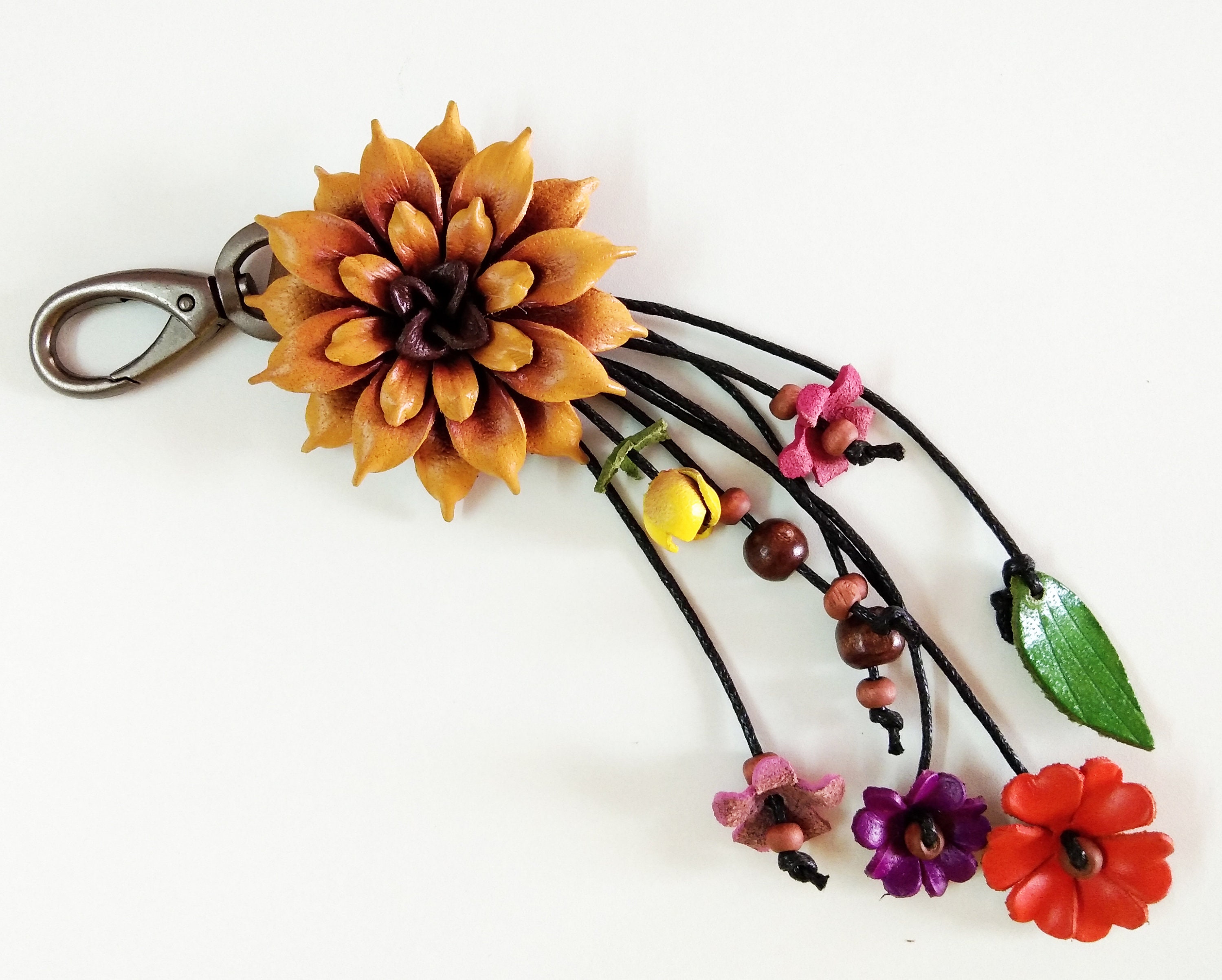 Genuine Leather Flower Yellow Keychain Bag Charm Dahlia Etsy