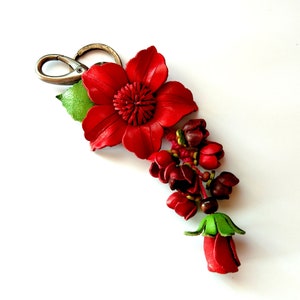 Keychain Genuine Leather Flower Red Keyring Charm Purse Handbag Beautiful, Handbag Zipper Charm Accessories