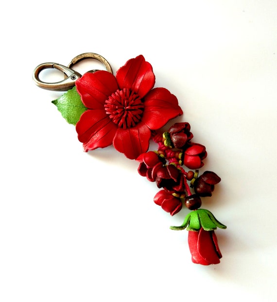Keychain Genuine Leather Flower Red Keyring Charm Purse | Etsy