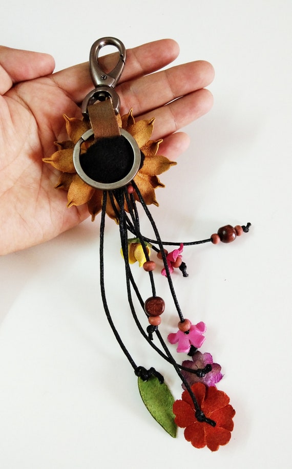 Genuine Leather Flower Keyring yellow Women Hook Handcraft Bag Purse Handbag Zipper Charm Accessories Floral Hook Real Leather Purse Charm