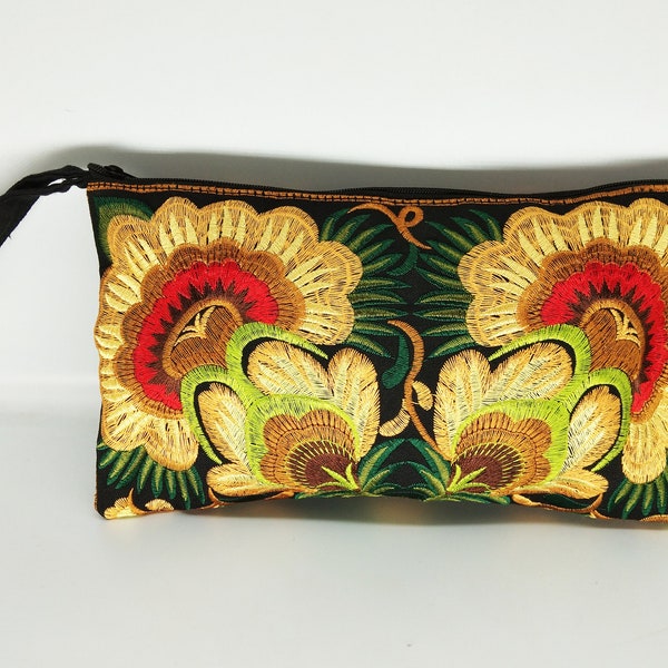 Wristlet Clutch Hmong Vintage With Embroidered Fabric Yellow Flower Style Hippie Ethnic Thai Boho Medium Accessories