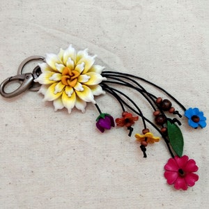 Genuine Leather Flower Yellow Keychain Bag Charm, Dahlia Floral Hook Real Leather Purse Charm, Handbag Zipper Charm Accessories