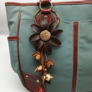 Flower Sun Big Brown Color Keychain Flower Leather Genuine Bag Charm, Floral Hook Real Leather Purse Charm, Handbag Zipper Charm Accessories