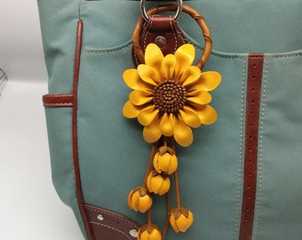 Leather Orchid Flower Keychain: Handmade Yellow Bag Charm