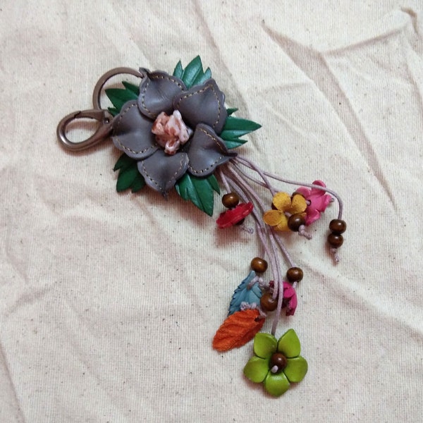 Keychain Genuine Leather Orchid Flower Grey Keyring Handcraft Floral Hook HandBag Gift, Handbag Zipper Charm Accessories