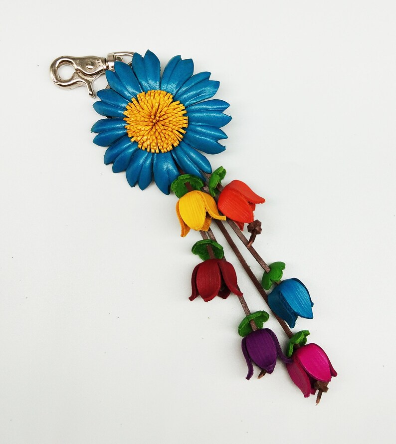 Floral Hook Real Leather Purse Charm Sun Flower Blue Keychain Flower Leather Genuine Bag Charm Handbag Zipper Charm Accessories