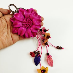 Keychain Genuine Leather Flower Pink Keyring Handcraft Floral Hook HandBag Gift, Handbag Zipper Charm Accessories