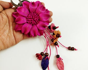Keychain Genuine Leather Flower Pink Keyring Handcraft Floral Hook HandBag Gift, Handbag Zipper Charm Accessories