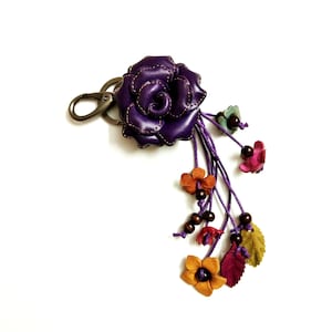 Genuine Leather Flower Rose Purple Keychain Bag Charm, Dahlia Floral Hook Real Leather Purse Charm, Handbag Zipper Charm Accessories