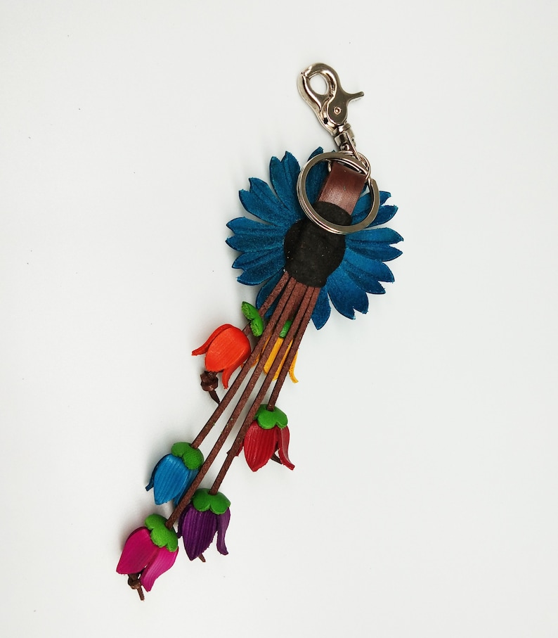 Floral Hook Real Leather Purse Charm Sun Flower Blue Keychain Flower Leather Genuine Bag Charm Handbag Zipper Charm Accessories