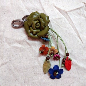 Genuine Leather Flower Olive green Keychain Bag Charm, Dahlia Floral Hook Real Leather Purse Charm, Handbag Zipper Charm Accessories