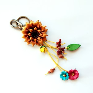 Genuine Leather Flower Gold Keychain Bag Charm, Dahlia Floral Hook Real Leather Purse Charm, Handbag Zipper Charm Accessories