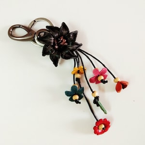 Genuine Leather Flower Black Keychain Bag Charm, Inspired  Small Dahlia Floral Hook Real Purse Charm, Handbag Zipper Charm Accessories