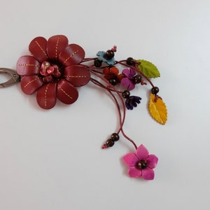 Genuine Leather Flower Red Keychain Bag Charm, Floral Hook Real Leather Purse Charm, Handbag Zipper Charm Accessories