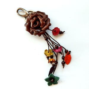 Genuine Leather Flower Rose Brown Keychain Bag Charm, Dahlia Floral Hook Real Leather Purse Charm, Handbag Zipper Charm Accessories