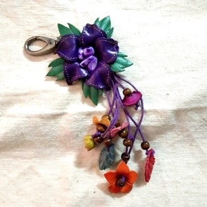 Keychain Genuine Leather Orchid Flower Purple Keyring Handcraft Floral Hook HandBag Gift, Handbag Zipper Charm Accessories