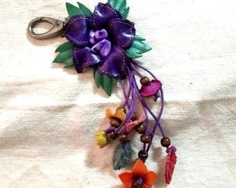 Keychain Genuine Leather Orchid Flower Purple Keyring Handcraft Floral Hook HandBag Gift, Handbag Zipper Charm Accessories