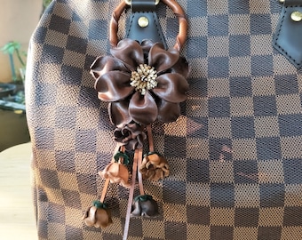 Flower Brown Keychain Leather Genuine Bag Charm, Floral Hook Real Leather Purse Charm, Handbag Zipper Charm Accessories