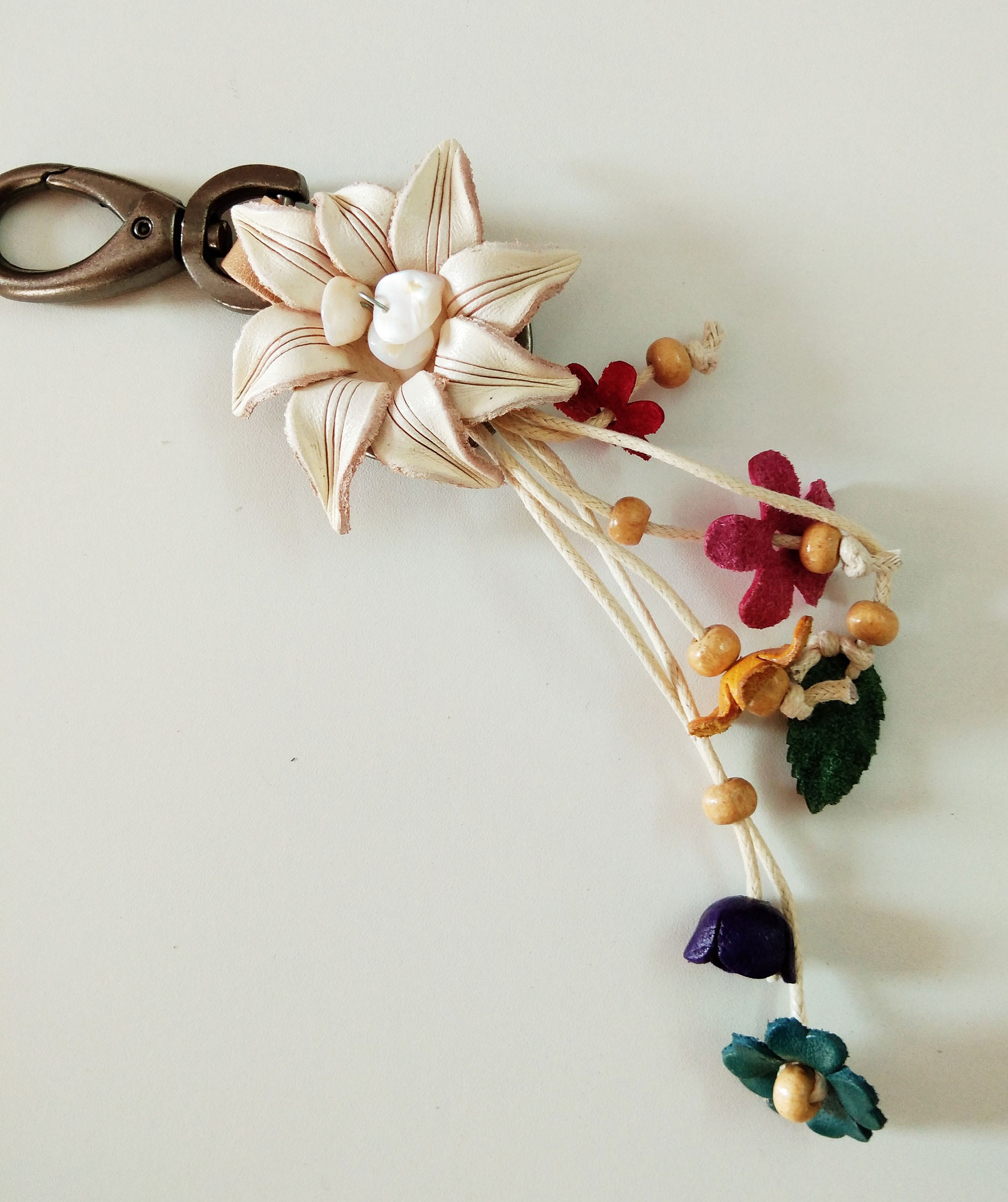 Ivory Keychain Leather Flower Keychain: Ivory Dahlia Bag Charm, Handmade Floral ...