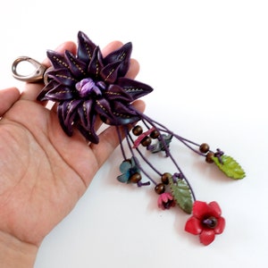 Genuine Leather Flower Keychain Bag Charm, Inspired Big Dahlia Purple Floral Hook Real Purse Charm, Handbag Zipper Charm Accessories