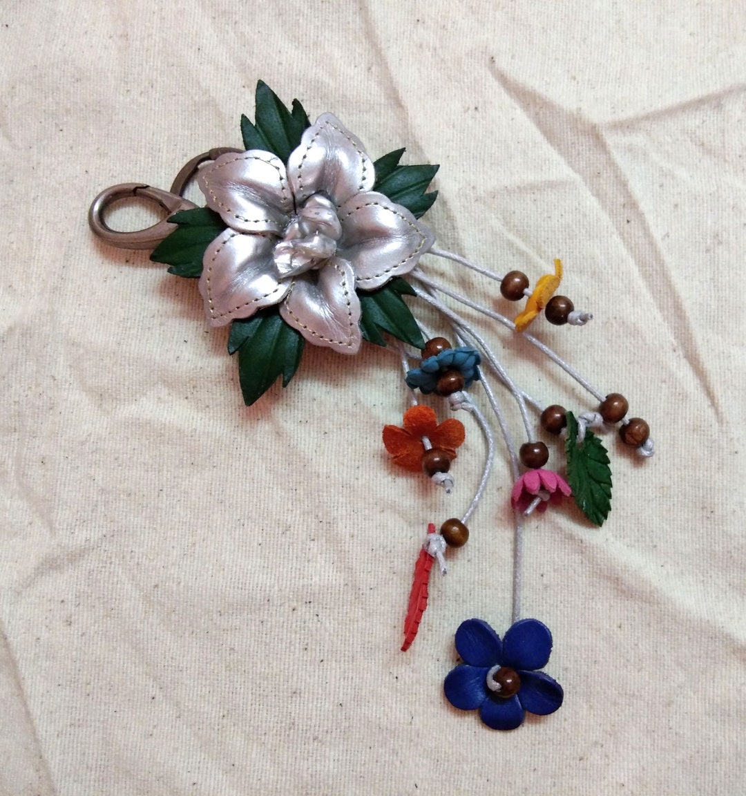 Keychain Genuine Leather Orchid Flower Silver Keyring Handcraft Floral