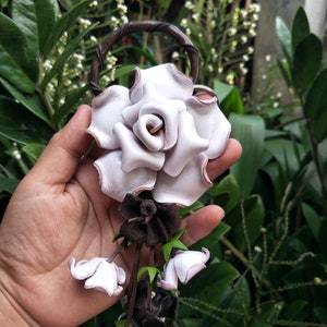 Keychain Rose Flower White Genuine Leather Bag Charm, Rose Floral Real Leather Purse Charm, Handbag Zipper Charm Accessories