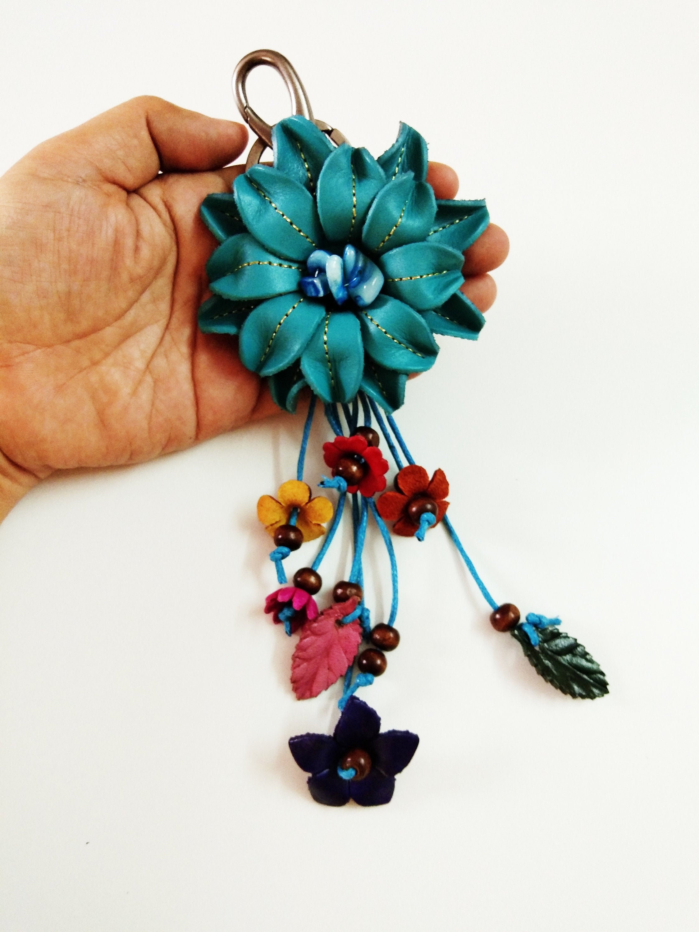 Portachiavi in pelle Boho PU borsa fiore ciondolo accessorio