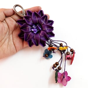 Keychain Genuine Leather Flower Pollen Stone Purple Keyring Handcraft Floral Hook Real Purse Charm, Handbag Zipper Charm Accessories