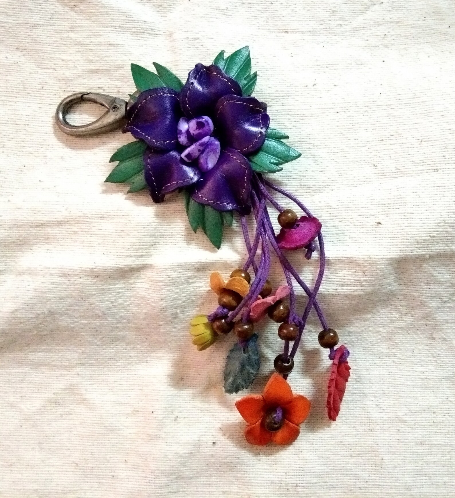 Keychain Genuine Leather Orchid Flower Purple Keyring Etsy