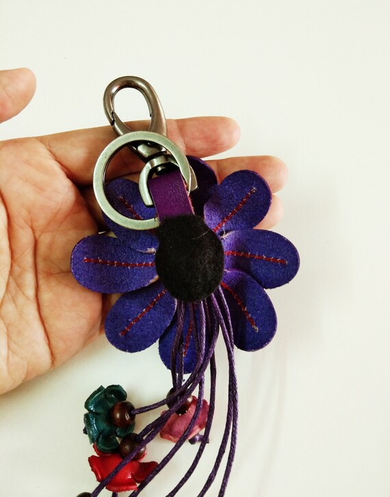New Purple Flower Genuine Leather Handmade Charm Purse Floral Keychain KeyRing New Purple Flower Genuine Leather Handmade Charm Purse Floral Keychain KeyRing