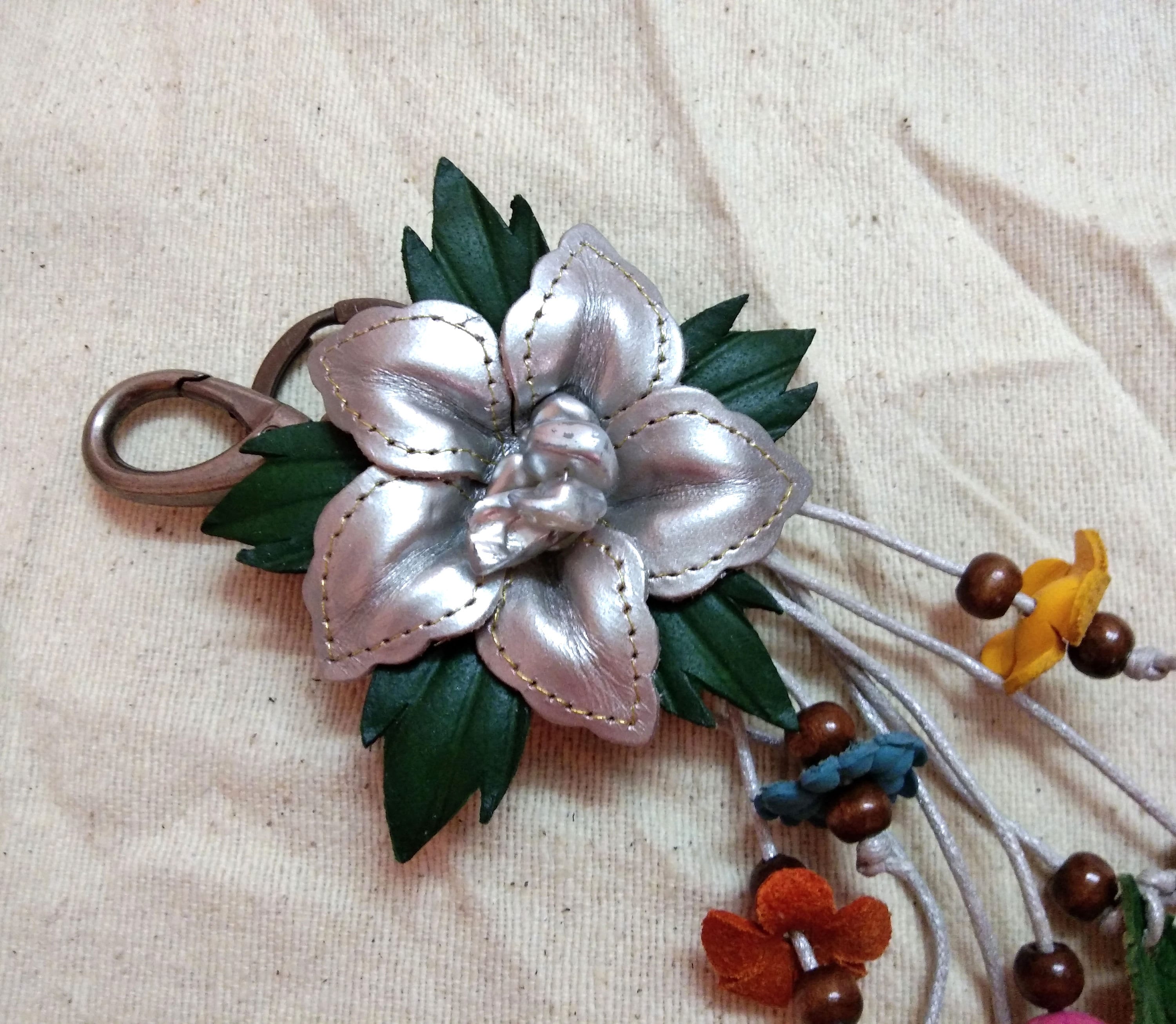 Keychain Genuine Leather Orchid Flower Silver Keyring Etsy