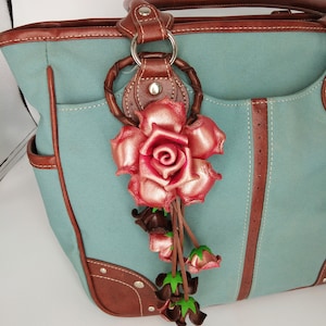 Keychain Rose Flower Red Pastel Genuine Leather Bag Charm, Rose Floral Real Leather Purse Charm, Handbag Zipper Charm Accessories