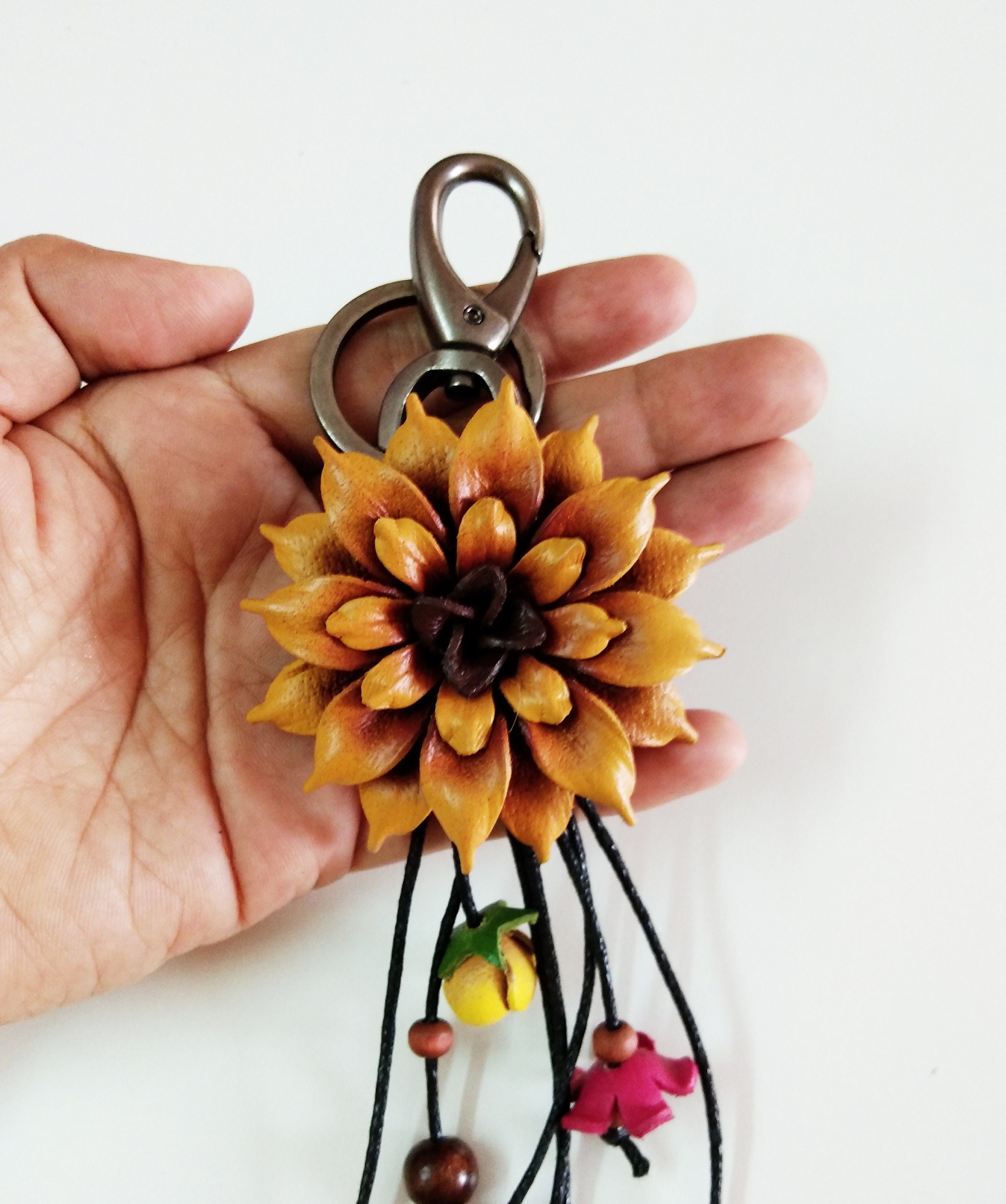 Genuine Leather Flower Yellow Keychain Bag Charm Dahlia - Etsy