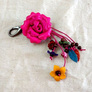 Genuine Leather Flower Rose Pink Keychain Bag Charm, Dahlia Floral Hook Real Leather Purse Charm, Handbag Zipper Charm Accessories