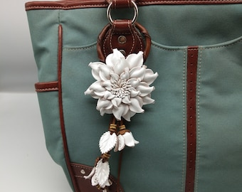 Flower Dahlia White Keychain Leather Genuine Bag Charm, Floral Hook Real Leather Purse Charm, Handbag Zipper Charm Accessories