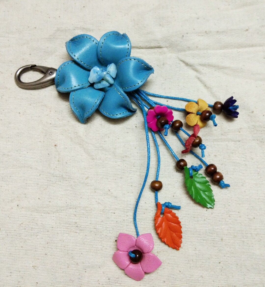 Orchid Flower Blue Keychain Genuine Leather, Keyring Handbag Purse