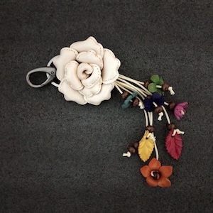 Genuine Leather Flower Rose Ivory Keychain Bag Charm, Dahlia Floral Hook Real Leather Purse Charm, Handbag Zipper Charm Accessories