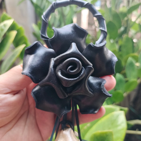 Keychain Rose Flower Black Dark Genuine Leather Bag Charm, Rose Floral Real Leather Purse Charm, Handbag Zipper Charm Accessories