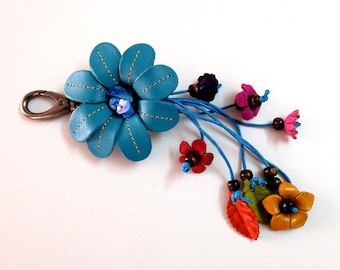 Genuine Leather Flower Blue Turquoise Keychain Bag Charm, Floral Hook Real Leather Purse Charm, Handbag Zipper Charm Accessories