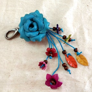 Genuine Leather Flower Rose Sky Keychain Bag Charm, Dahlia Floral Hook Real Leather Purse Charm, Handbag Zipper Charm Accessories