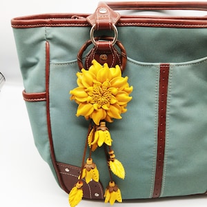 Flower Dahlia Yellow Keychain Leather Genuine Bag Charm, Floral Hook Real Leather Purse Charm, Handbag Zipper Charm Accessories