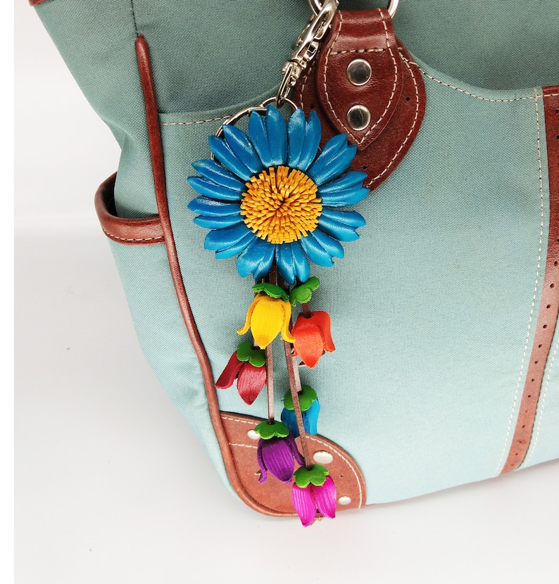 Floral Hook Real Leather Purse Charm Sun Flower Blue Keychain Flower Leather Genuine Bag Charm Handbag Zipper Charm Accessories